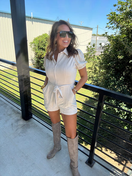 Suede front zipper romper