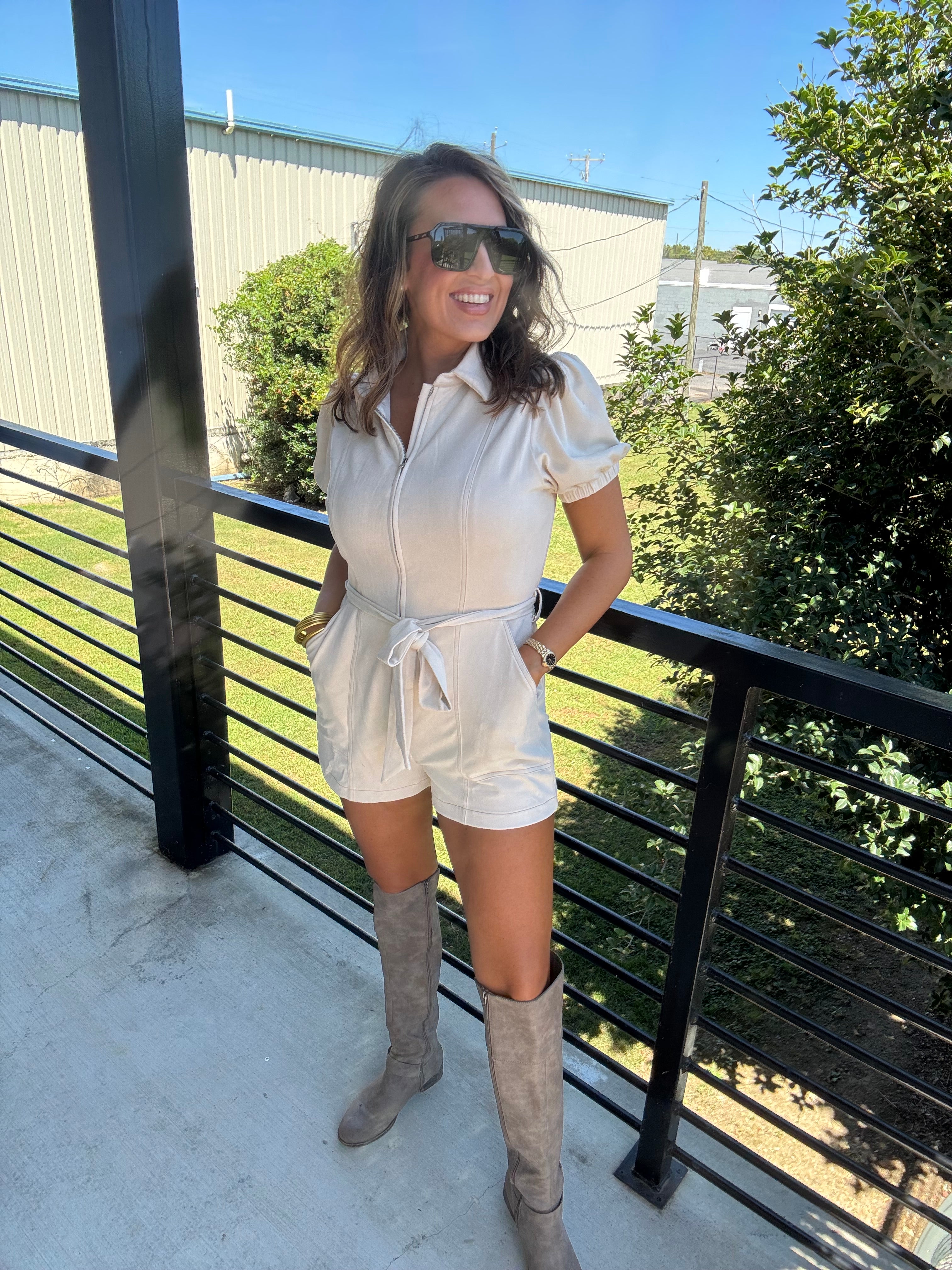 Suede front zipper romper