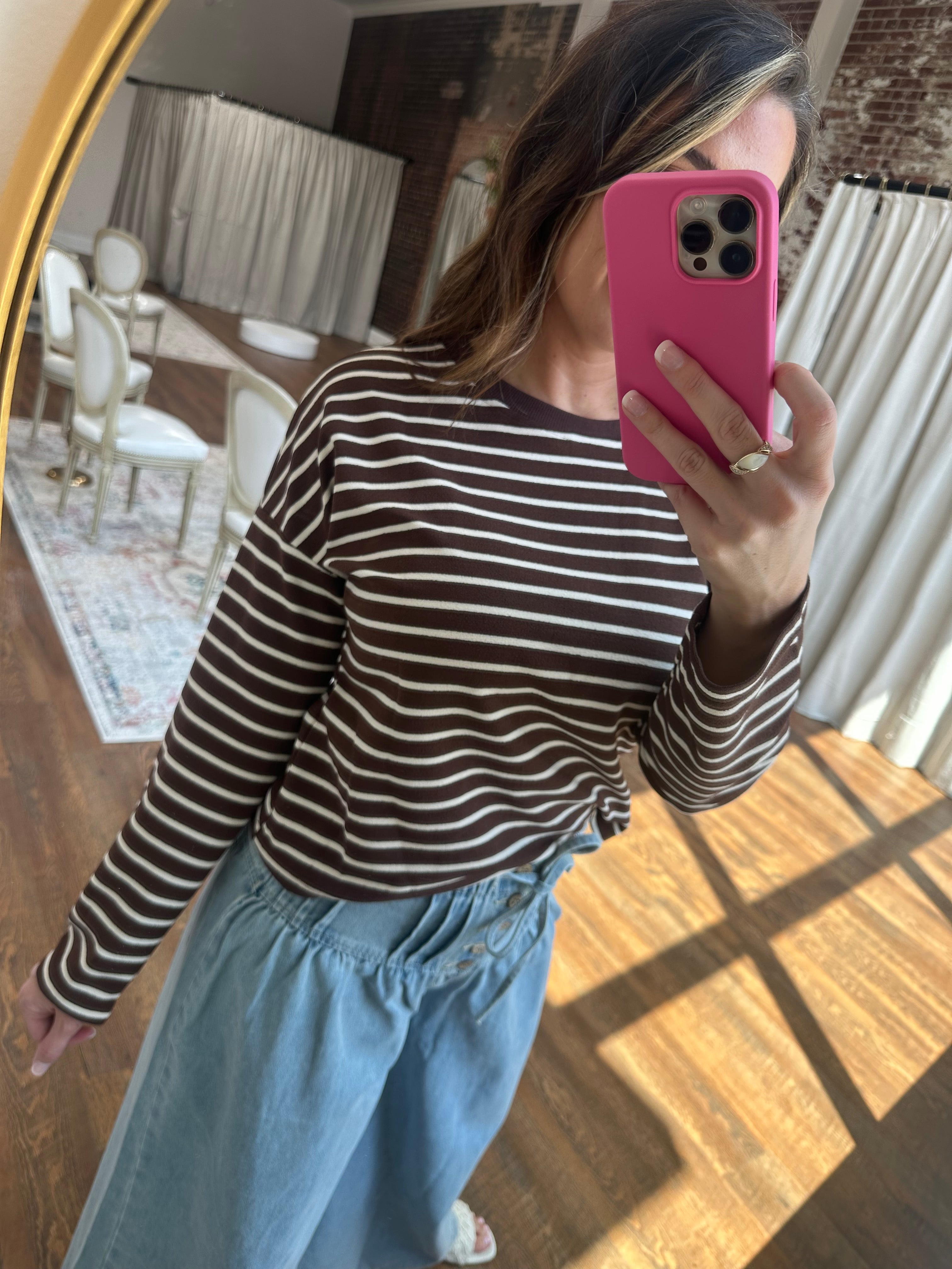 Brown Striped Crew Neck Top